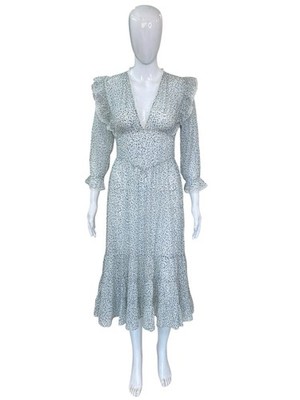 Doen Women's Floral Printed Belted Crochet Lace Cotton Midi Gown Dress Size S