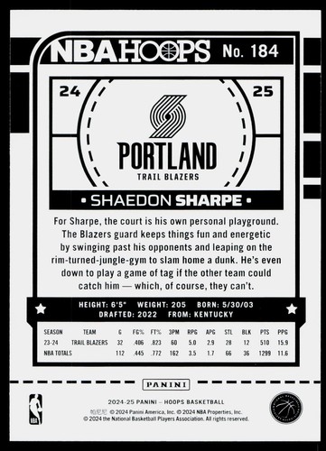 2024-25 Hoops - Shaedon Sharpe #184 - Portland Trail Blazers - Picture 2 of 2