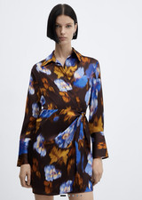 Mango Brown/Blue/Yellow/White Floral Wrap Dress Collared Long Sleeve Short 8