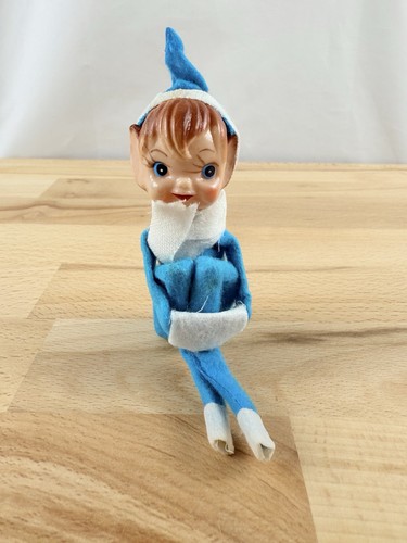 Vintage Knie Umarmung Elfe Weihnachtsdeko blau Outfit Mütze 4" groß blaue Augen