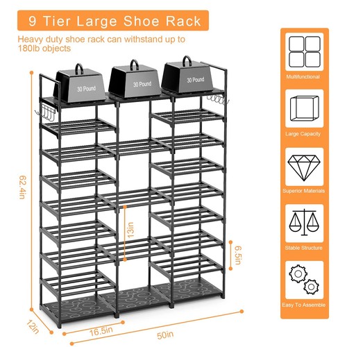 Kottwca 9-Tier Metal Shoe Rack Organizer for 50-55 Pairs - Space Saving Shoe ... - Picture 2 of 7
