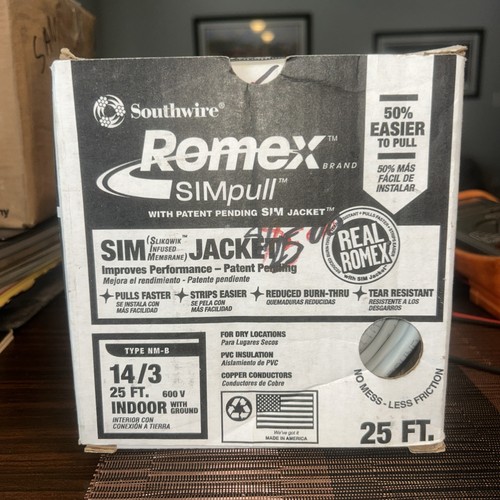 Southwire Romex SIMpull NM-B Wire 25' 14/3 15-Amp Solid Copper White Jacket - Picture 1 of 3