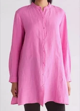 Eileen Fisher Womens Band Collar Tulip Pink Easy Long Linen Shirt Large