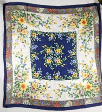 Vintage Floral Scarf 34  Navy Cream Yellow Red Paisley Border Garden Elegant
