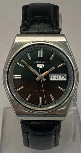 Vintage Casual Look Seiko5 Black Dial 6309 & D/D Leather Strap Watch Automatic