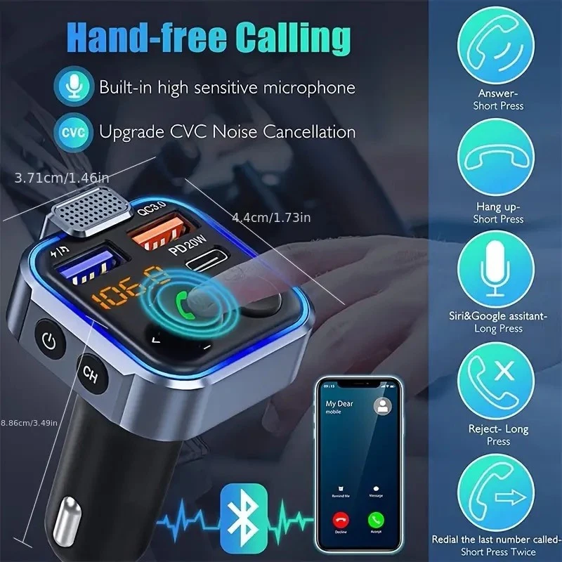蓝牙 5.0 车载无线调频发射器适配器 USB PD 充电器 AUX 免提 — 第 4/4 张图片