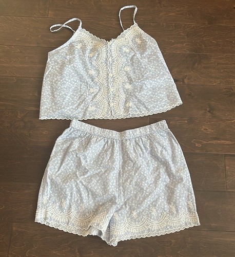 Joie Womens Blue Embroidered Pajama Set Shorts Top New Lace Detail Cotton Sz M - Picture 4 of 4
