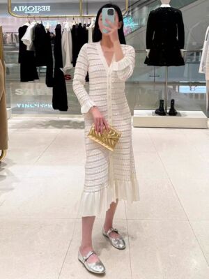 sandro V-neck beading Fishtail knitted dress Round neck Knit cardigan for Women