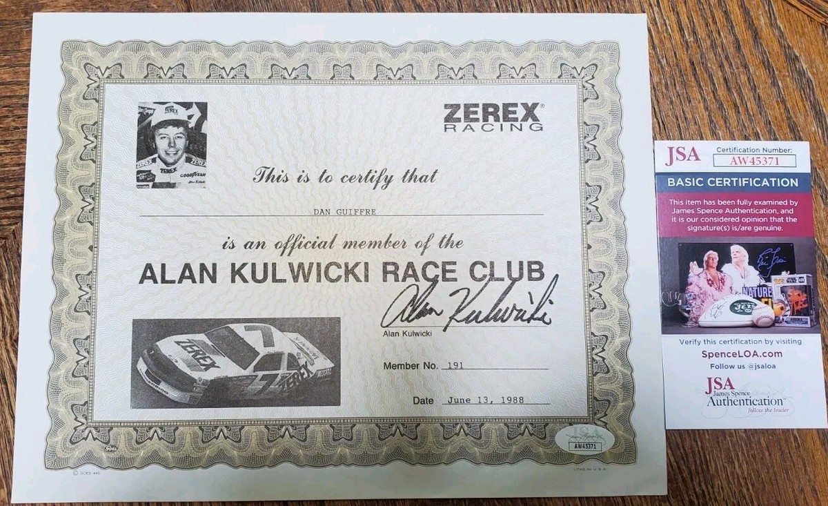 Vintage Autograph Signed Alan Kulwicki 1988 Race Club Certificate