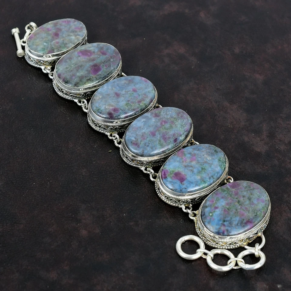 Овальный натуральный рубин в синий кианит серебро 925 пробы винтажный новый браслет-цепочка - Изображение 3 из 4