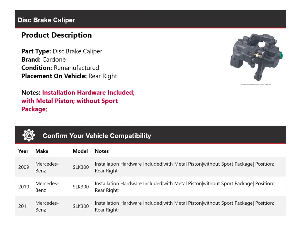 Pinza de freno de disco trasera derecha cardone 2010 para Mercedes-Benz SLK300 2009-2011 Foto 2 de 4