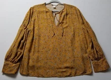 H&M Blouse Women’s 16 Yellow Beige Black Floral Long Sleeves Spring Cottage Top