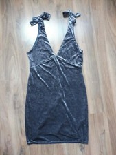 H&M dress cruched velvet velour stretchy V neck back silver grey uk 12