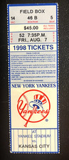 8/7/98 YANKEES TICKET STUB-SHANE SPENCER CAREER HR #1/2...5 HITS/BERNIE HR #114