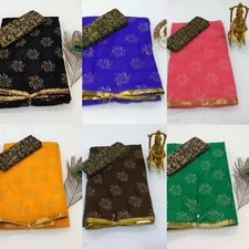 Women's Jacquard Printed Chiffon Saree With Separate Blouse Piece