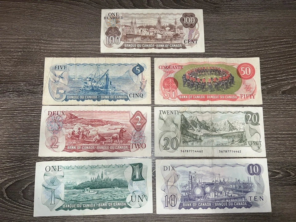 Conjunto de billetes canadienses de $1-$100 de la década de 1970 serie multicolor licitación legal Foto 2 de 2