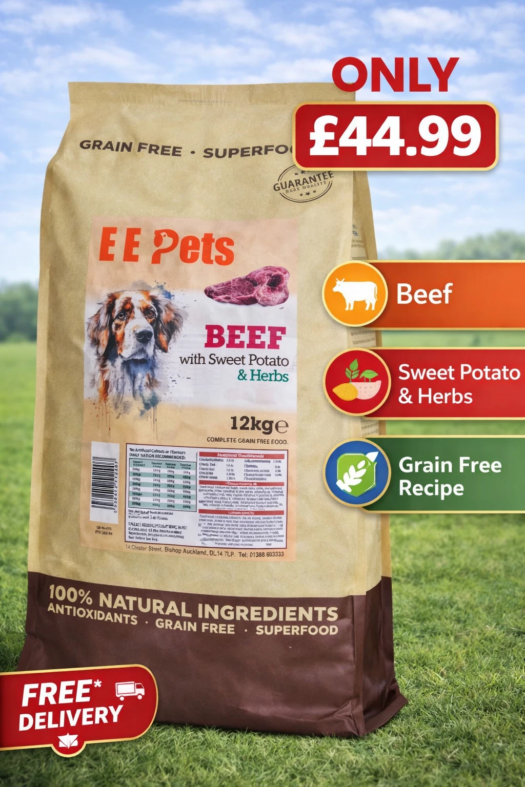 EE Pets Beef Dog Food 12kg Grain Free with Sweet Potato & Herbs Premium Dry Dog