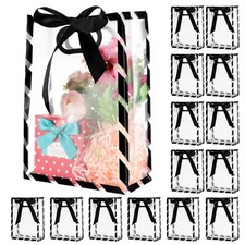 15 Pack Clear Plastic Gift Bags Black Stripes PP Gift Wrap Tote Bags with Rib...
