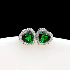 3ct Natural Emerald & Diamond Love Halo Solitaire Earrings 14k Solid White Gold