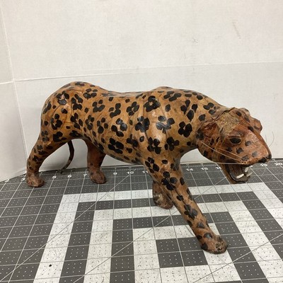 Large Vintage 16 Leather Wrapped Leopard Cheetah Figure Sculpture Glass Eyes