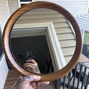VINTAGE MCM DANISH 15" ROUND HANGING TEAK WALL MIRROR MADE IN ENGLAND EUC