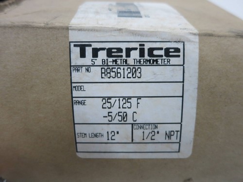 NEW Trerice B8561203 Thermometer 25/125 F -5/50 C 5" Bi-Metal 12" Stem 1/2" NPT - Picture 2 of 6