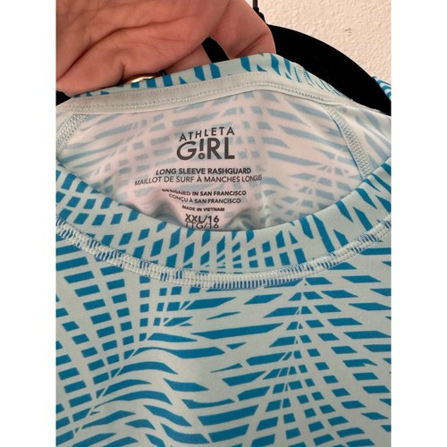 Athleta Girls swim rash guard in turquoise palm, XXL / 16 - Picture 2 of 4