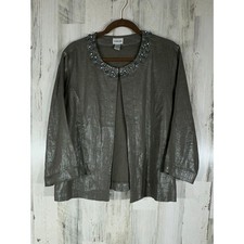 Chicos Linen Jacket Size 2 or Large Gray Taupe Shimmer Beaded Neck Linen