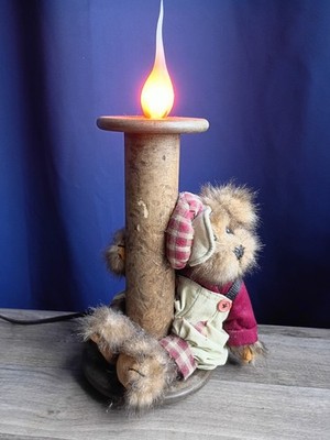 Vintage Industrial Bobbin Spool Wood Farmhouse Decor Lamp Light Stuffed Bear 