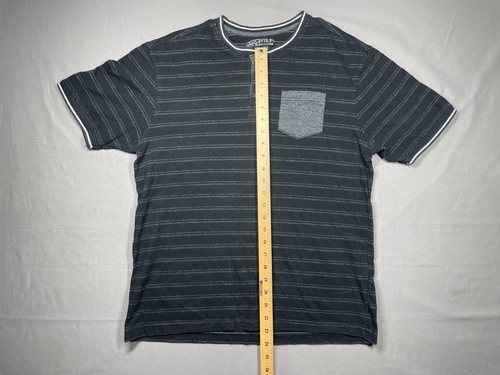 Distortion Men's Gray Striped Henley T-Shirt Short Sleeve Crew Neck Pocket Tee M - Picture 3 of 5