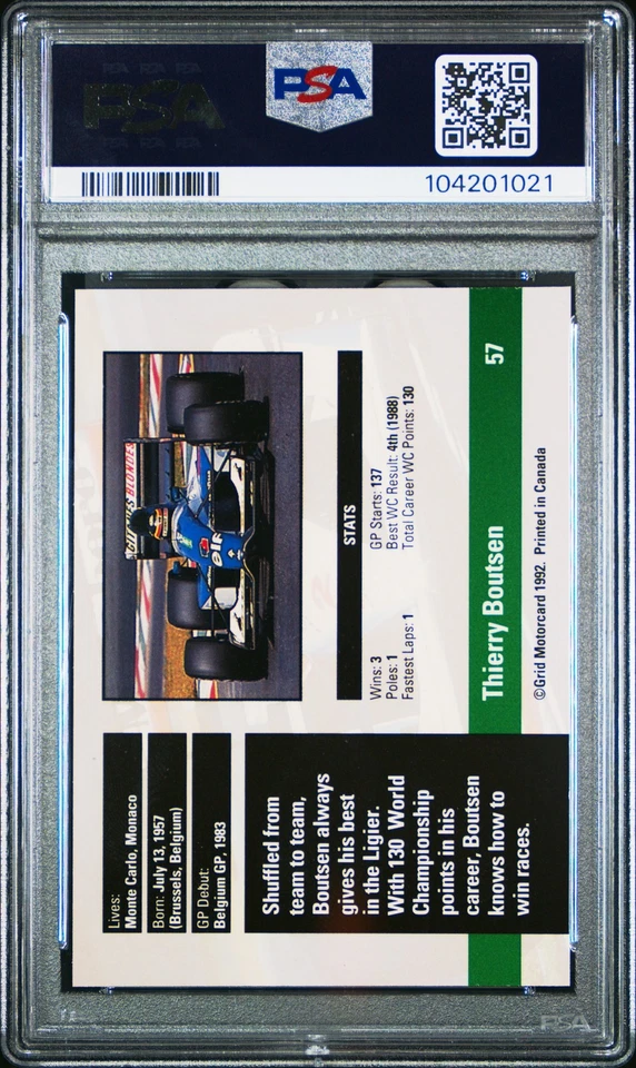 THIERRY BOUTSEN 1992 Grid Formula One #57 PSA 9 POP 2. ONE HIGHER - Image 2 of 2
