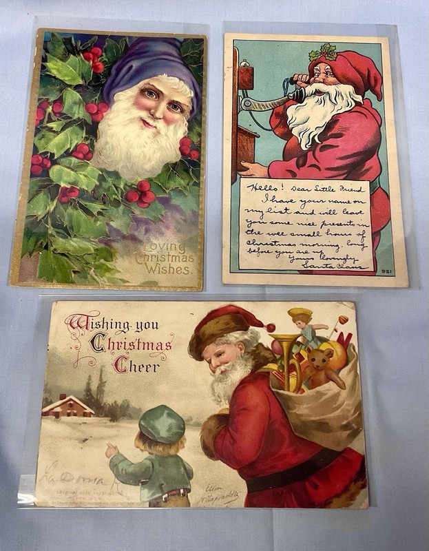 3 Vintage Christmas Postcards- Ellen Clapsaddle-Santas