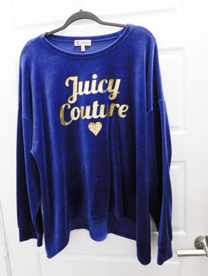Womens Juicy Couture Oversized Velour Sweatshirt Cursive Heart Logo Blue L NWT