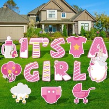 15-PCS 'It's A Girl' Baby Shower Yard Sign Set with Stakes 12x12 inches