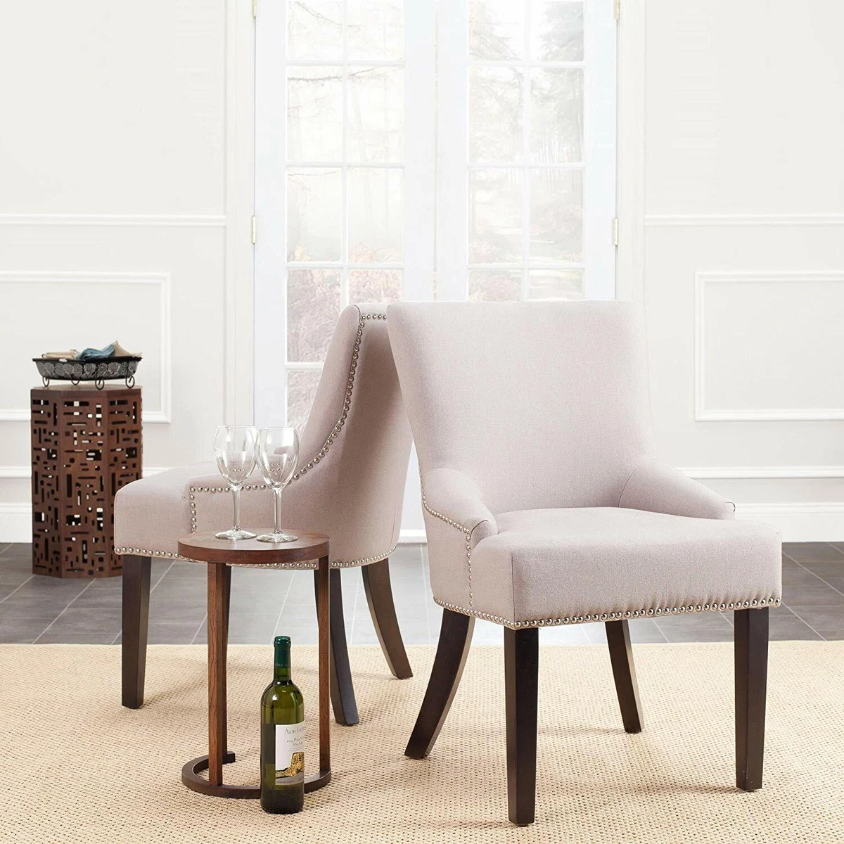 Linen nailhead dining chairs sale