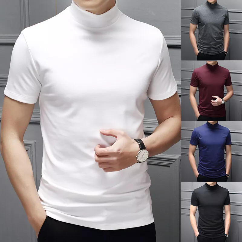Mens Casual T-Shirt Plain Tops Short Sleeve Turtle Neck Sweater