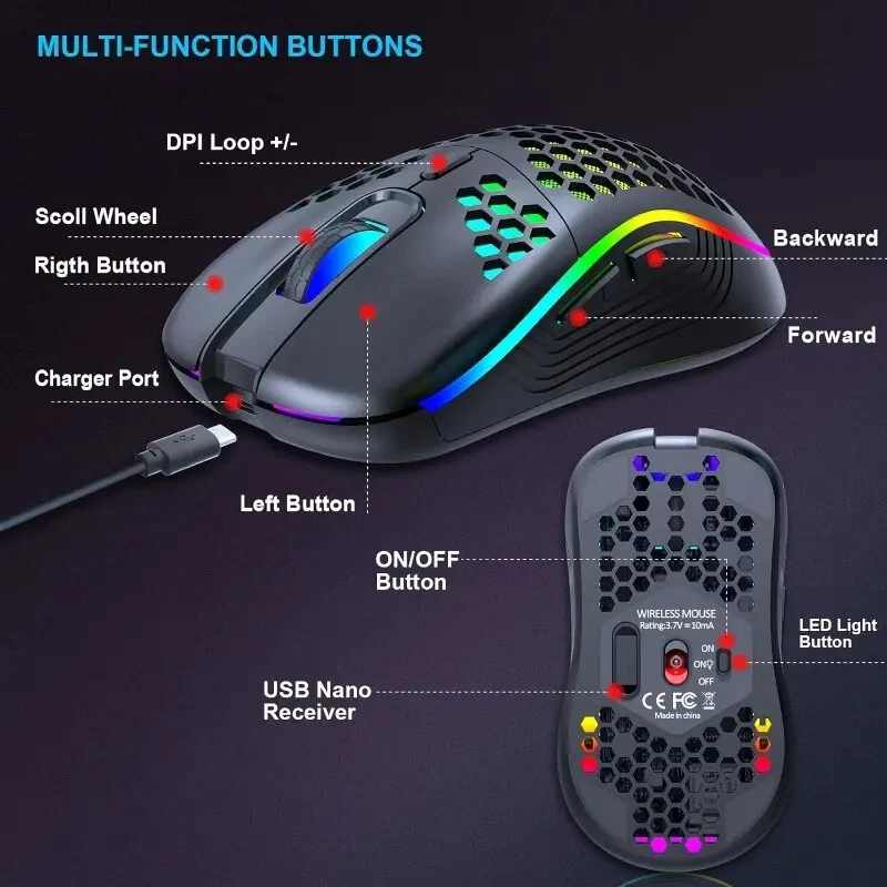 Wireless Gaming/Office Optical Sensor RGB Backlight mouse honeycomb Rechargeable - Image 4 of 4