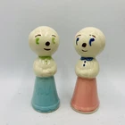 2 Vintage 1940s Shawnee Pottery Granny Sock Darner Figural Lady Blue And Pink