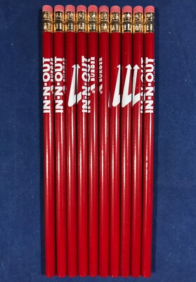 New 10 IN-N-OUT Wood Pencils RED with WHITE ARROW LOGO -  #2 Lead - Pink Erasers