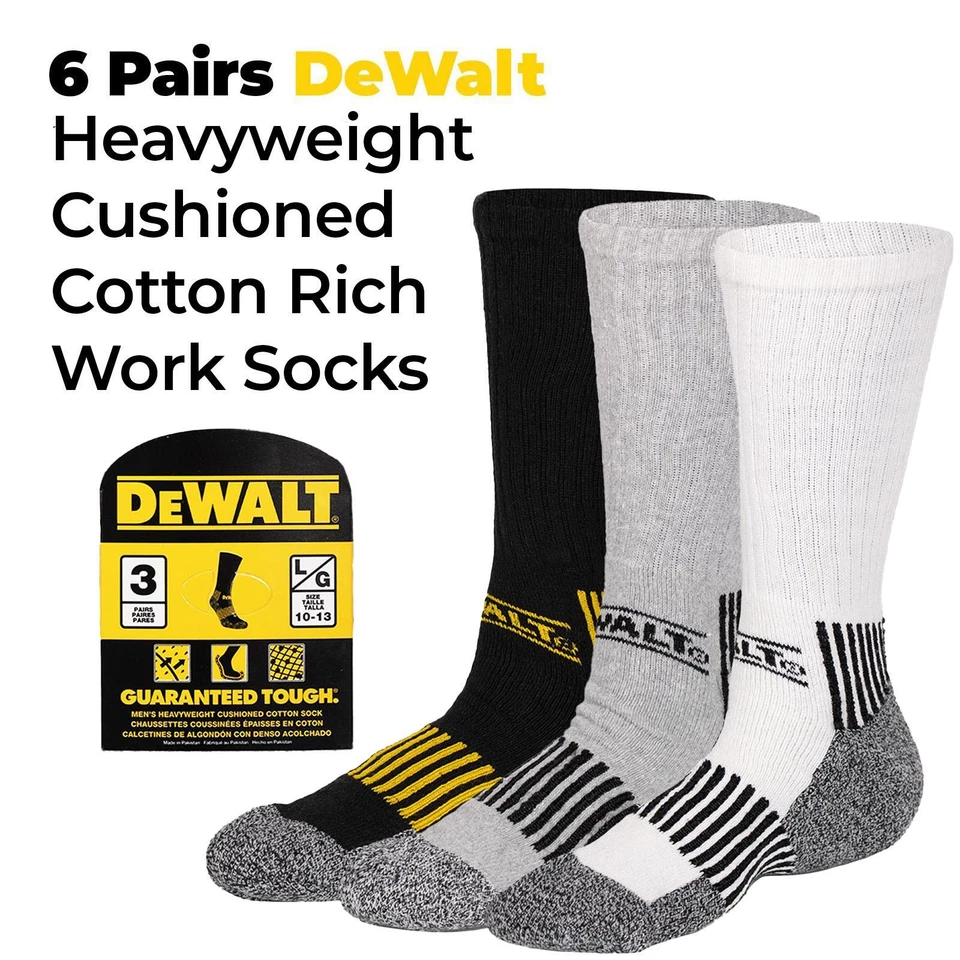 DEWALT 6 Pair Pack Black Heavy Duty Cushioned Work Socks Grey White 10 - 13