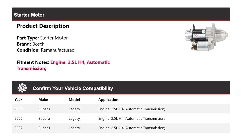 Arranque Bosch 2,5 L H4 2005-2007 Subaru Legacy (remanufacturado) 2006 Foto 2 de 4