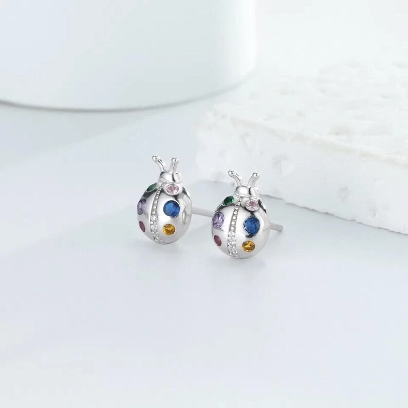 Trendy Cut Ladybug Design With Simulated Multi Color Gemstone Women's Earrings - Image 3 of 4