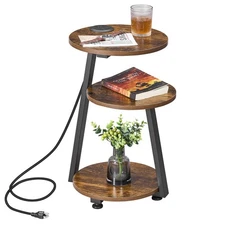 Round End Table with Charging Station, Side Table Accent Nightstand Bedside T...