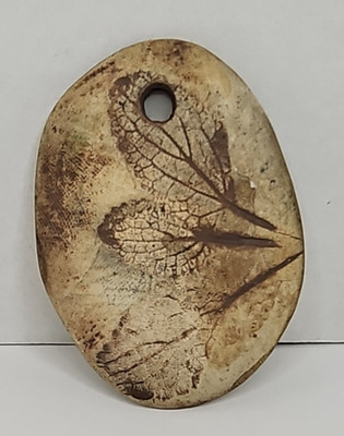 Vintage Bone Pendant Burned Leaf Design Rustic Folk Art Handmade