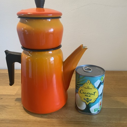 Vintage Aubecq Coffee Pot Enamel Orange Retro Used Stove Top France - Picture 9 of 9