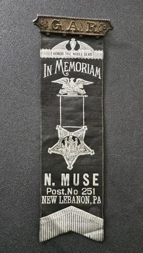 Antique G.A.R. Memorial Ribbon w/Pin N. Muse Post No 251 New Lebanon, PA