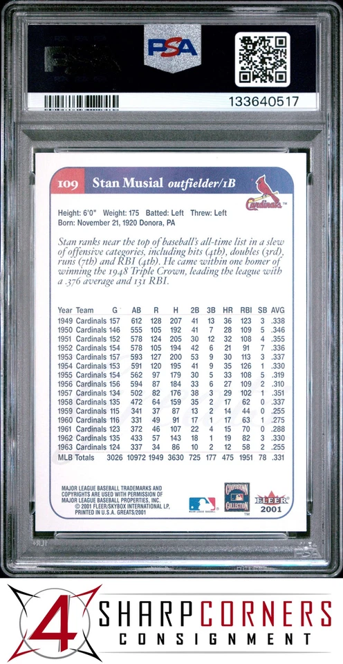 2001 FLEER GREATS #109 STAN MUSIAL HOF PSA 10 - Image 2 of 3