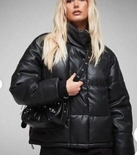 MISSGUIDED Puffer Coat Oversized Jacket Size 6 8 10 Black Faux Leather NEW