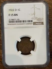 1922-D Lincoln Wheat Cent NGC F15 BN Key Date Penny NO RESERVE