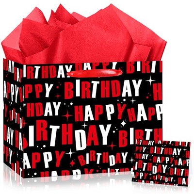 Happy Birthday Gift Bag Black Red With Tissue Paper Greeting Card Present